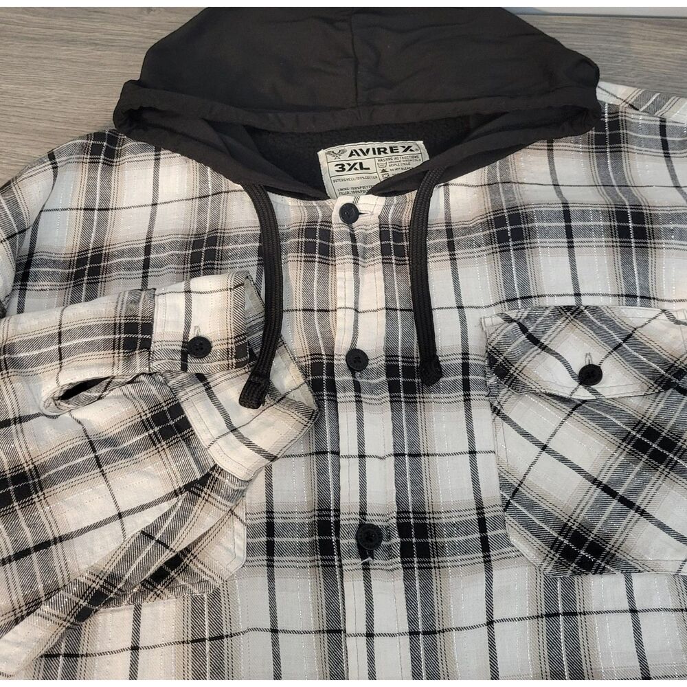Avirex Womens 3XL Plaid Hooded Shacket‎ Sherpa Lined Long Sleeve Button Up